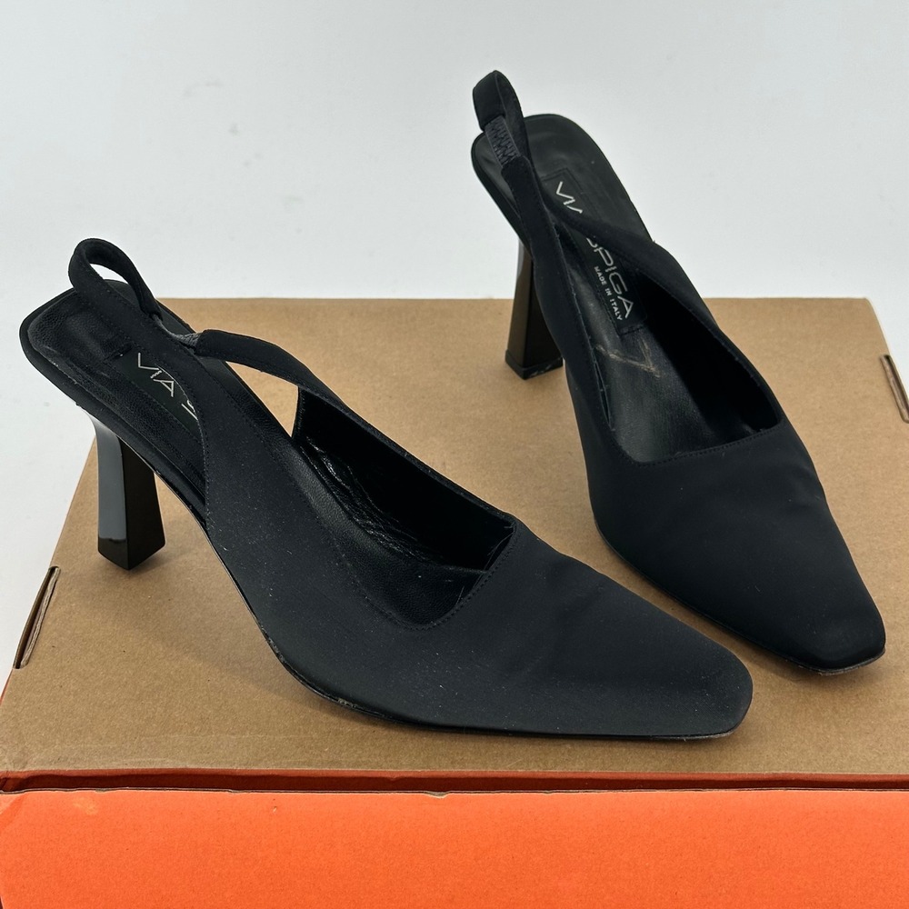Via Spiga Black Leather Fabric Slip On Mule Heels Slingback Pointed Italy 9 M